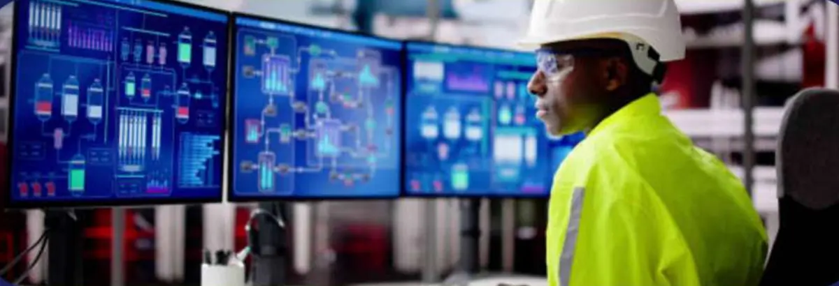 An engineer in high-visibility clothing at a control room desk, reading plant schematics on a bank of screens
