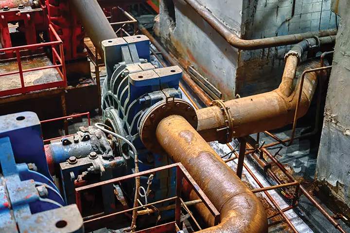 Pump sets and large-bore discharge pipework in an industrial pump house