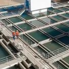 Aerial view of a water treatment works showing rectangular sedimentation and filter basins